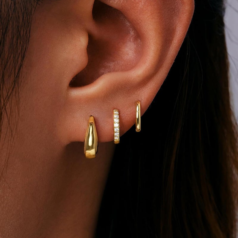 Inerney 14K Gold Plated Huggie Hoop Earrings for Women, Small Sterling Silver Earring Set Hypoallergenic Cartilage Helix Stacks, Mini Dainty Cute Trendy Birthstone Jewelry Gift for Multiple Piercings - Image 2